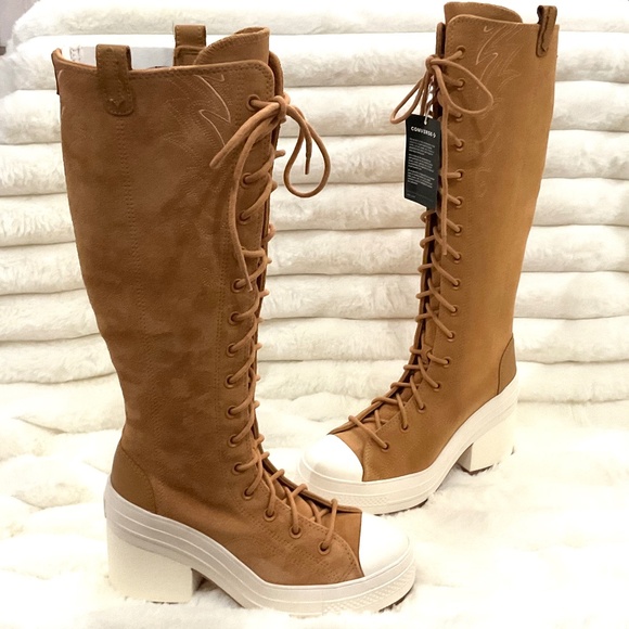 Tan Converse Knee High Lug Sole Boots – Women’s Leather Lace Up Size 9 - Picture 4 of 16